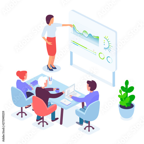 Isometric female speaker conducting presentation for coworkers during business meeting in office vector illustration.