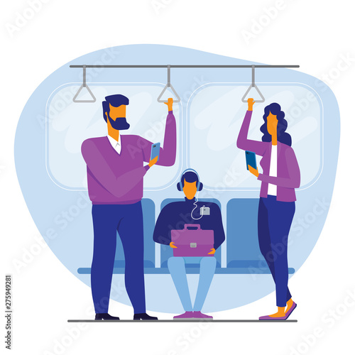 Addicted people using gadgets while standing in subway during ride in city vector illustration.