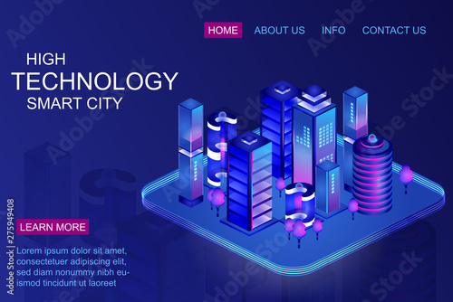 Smart city with business center skyscrapers. isometric illustration. Intelligent smart buildings. Computer blockchain network model. Internet of things concept vector illustration.