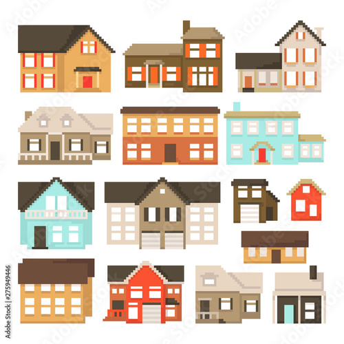 Set of pixel houses isolated on white background. Graphics for games. 8 bit. Vector illustration in pixel art style.