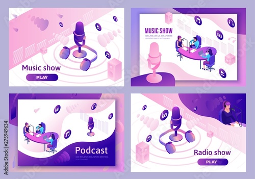 Modern music radio show or audio blog concept, podcast isometric 3d illustration set, vector landing page template with people, microphone, sound studio interior