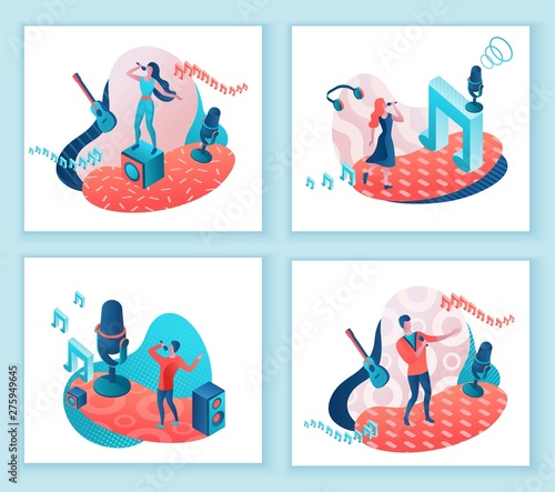 Singer 3d isometric vector illustration set, girl singing with microphone, trendy geometric patterns, music band artists, jazz fesival, cartoon collection of musical people, blue and coral color