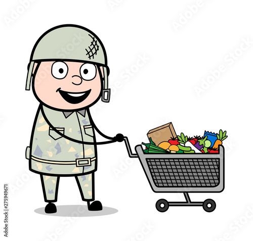 Shopping with Cart - Cute Army Man Cartoon Soldier Vector Illustration