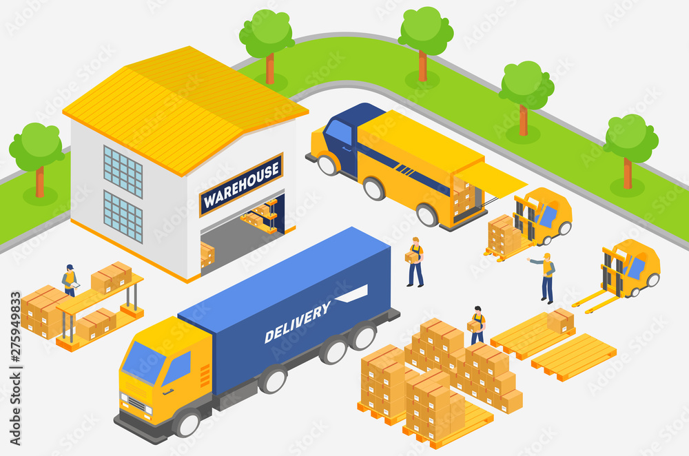 Isometric employees putting boxes into trucks of delivery service while working in warehouse. Transportation industry, delivery and logistic vector illustration. Isometric employees putting boxes into trucks of delivery service while working in warehouse. Transportation industry, delivery and logistic vector illustration.