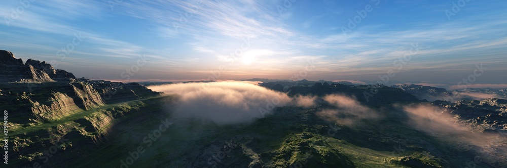 Valley among the mountains in the fog, sunset in the mountain valley