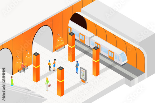 Isometric people standing on platform and waiting for train in city metro subway vector illustration.