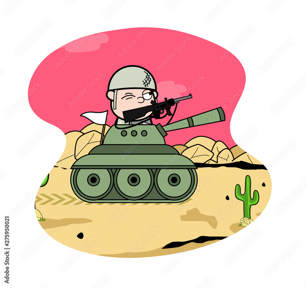 Fighting in War with Battle Tank - Cute Army Man Cartoon Soldier Vector  Illustration Stock Vector | Adobe Stock