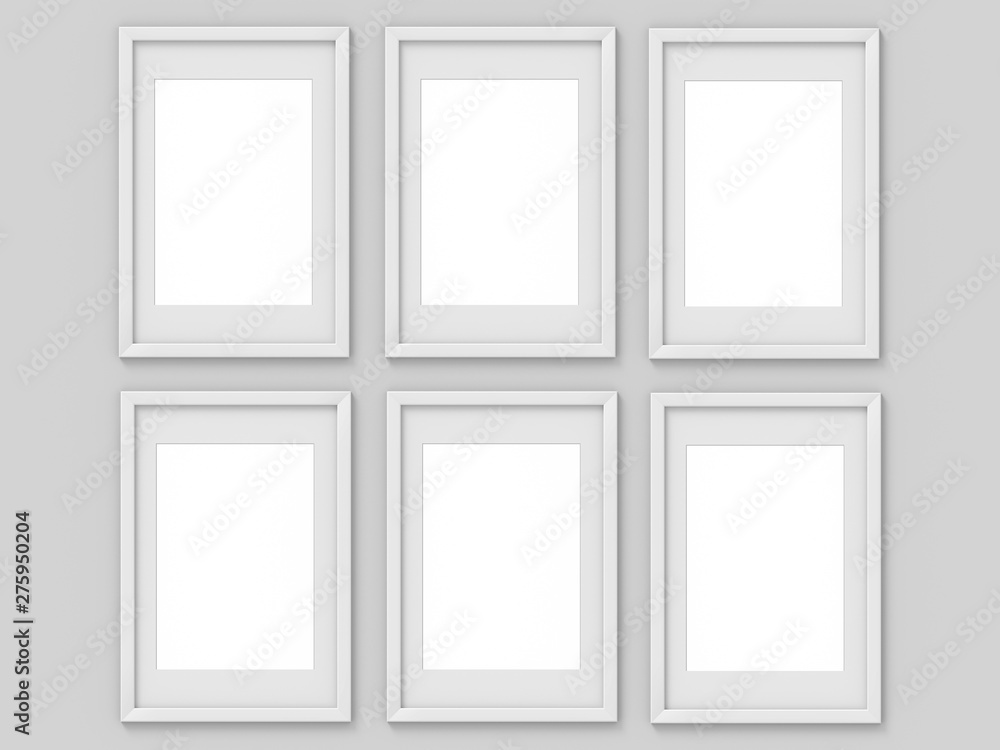 Set of 6 vertical A4 white simple picture frame with a border. Mockup for photography. 3D rendering Set of 6 vertical A4 white simple picture frame with a border. Mockup for photography. 3D rendering