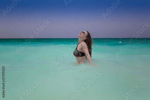  Woman sand beach, bikini, sunglasses, Maldives