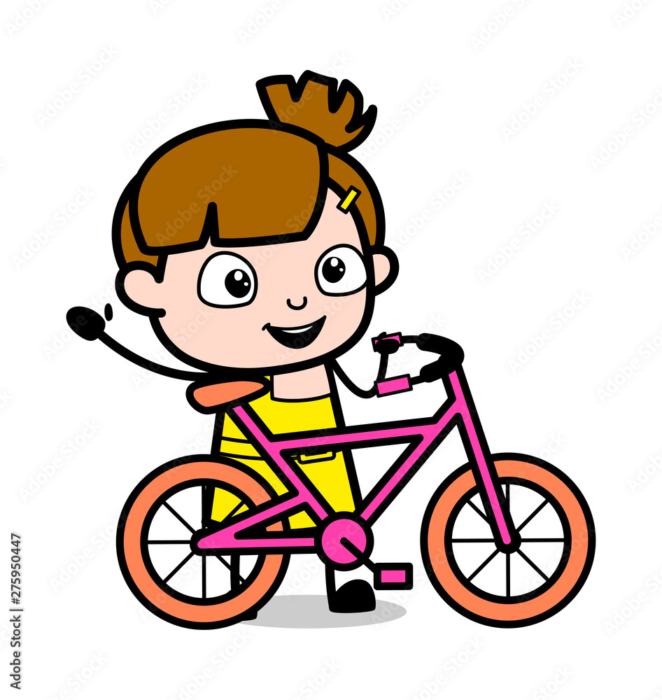 Standing with Bicycle and Gesturing with Hand - Cute Girl Cartoon Character Vector Illustration Standing with Bicycle and Gesturing with Hand - Cute Girl Cartoon Character Vector Illustration