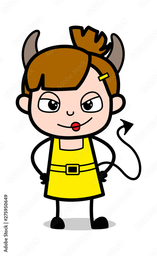 Devil Girl Smiling - Cute Girl Cartoon Character Vector Illustration