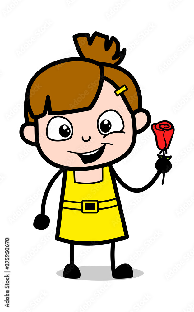 Showing a Red Rose - Cute Girl Cartoon Character Vector Illustration Showing a Red Rose - Cute Girl Cartoon Character Vector Illustration