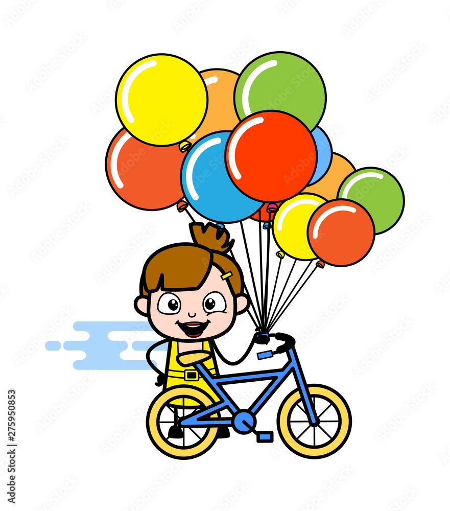 Holding Balloons and Standing with Cycle - Cute Girl Cartoon Character Vector Illustration Holding Balloons and Standing with Cycle - Cute Girl Cartoon Character Vector Illustration