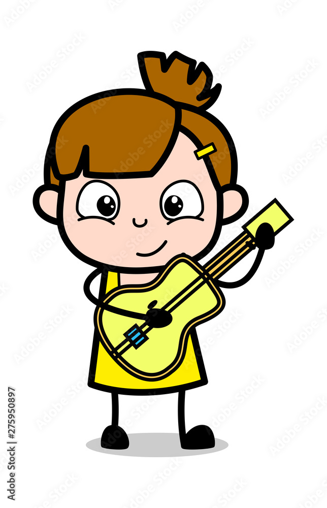 Playing with Guitar - Cute Girl Cartoon Character Vector Illustration