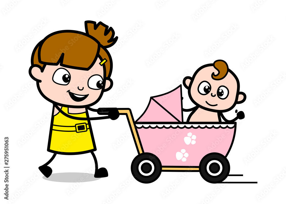Travelling with Baby in Stroller - Cute Girl Cartoon Character Vector Illustration Travelling with Baby in Stroller - Cute Girl Cartoon Character Vector Illustration