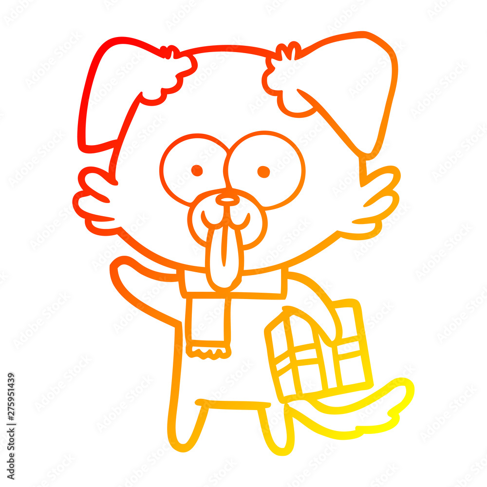 Fototapeta premium warm gradient line drawing cartoon dog with christmas present