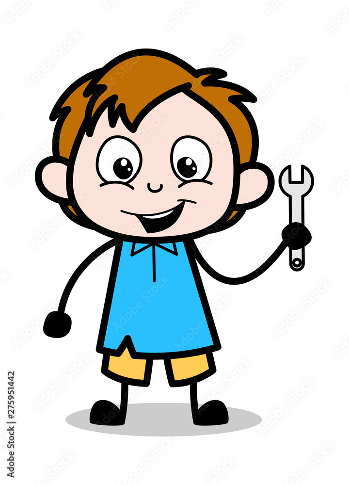 Showing Wrench Tool - School Boy Cartoon Character Vector Illustration Showing Wrench Tool - School Boy Cartoon Character Vector Illustration