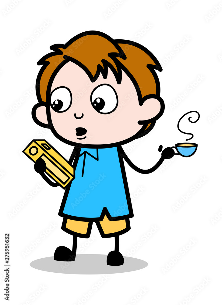 Drinking Hot Tea and Reading Book - School Boy Cartoon Character Vector Illustration Drinking Hot Tea and Reading Book - School Boy Cartoon Character Vector Illustration