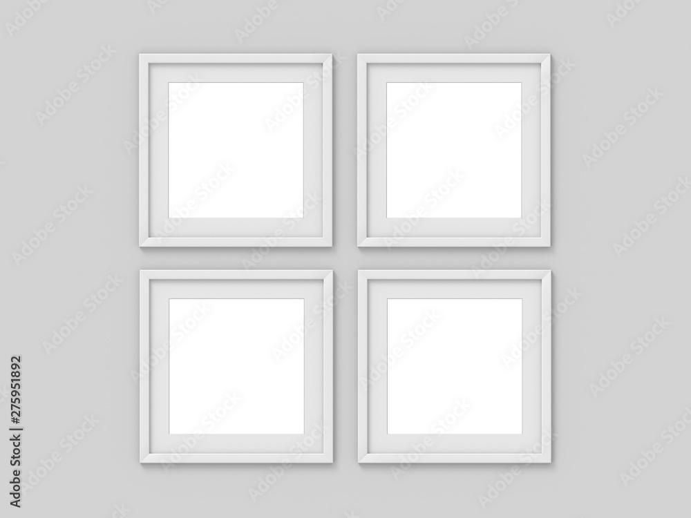 Set of 4 square white simple picture frame with a border. Mockup for photography. 3D rendering Set of 4 square white simple picture frame with a border. Mockup for photography. 3D rendering