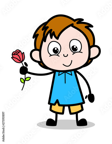 Showing Rose - School Boy Cartoon Character Vector Illustration