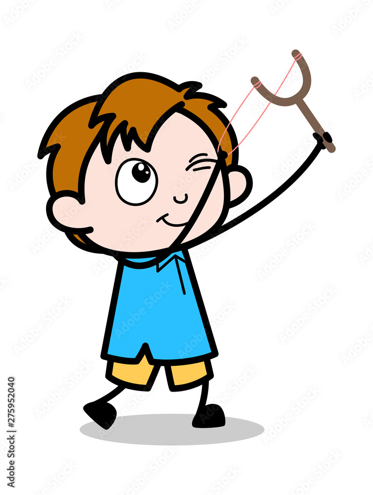 Shooting with Slingshot - School Boy Cartoon Character Vector Illustration