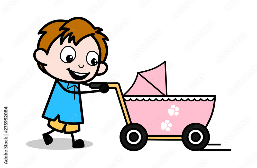 Walking with Baby Stroller - School Boy Cartoon Character Vector Illustration Walking with Baby Stroller - School Boy Cartoon Character Vector Illustration