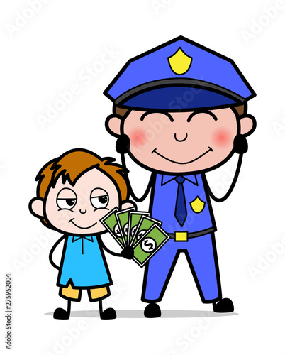 A Kid Offering Bribe to a Policeman - School Boy Cartoon Character Vector Illustration