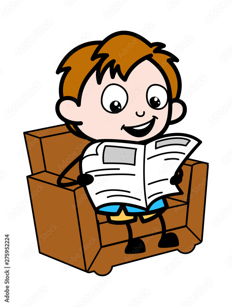 Reading Newspaper - School Boy Cartoon Character Vector Illustration