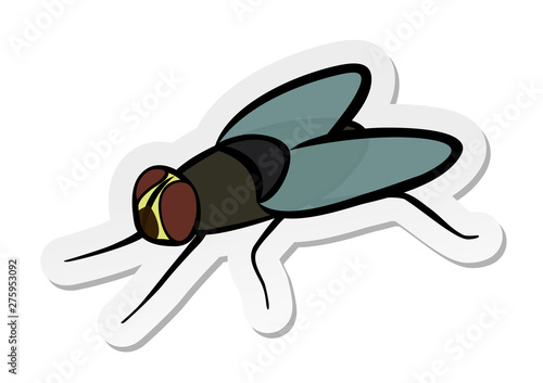Vector illustration, sticker of black fly in flat cartoon style isolated on white background