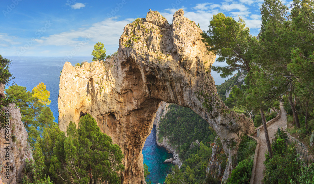 The natural arch in Capri, Italy. A view looking back to the elephant  shaped, natural arch from the coastal path on the island of Capri. Stock  Photo