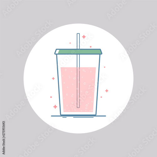 Vector icon of soda pop, sparkling water in a cup for take away. Isolated in circle. Flat design. Green and pink colors.
