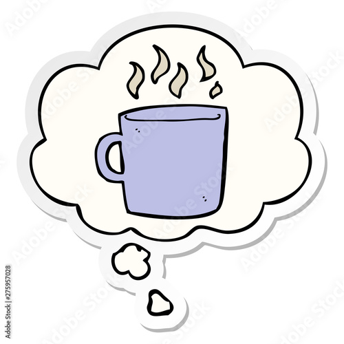 cartoon hot cup of coffee and thought bubble as a printed sticker