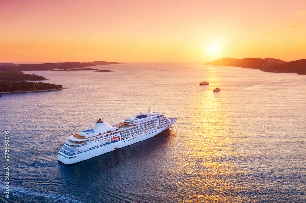 Croatia. Aerial view at the cruise ship during sunset. Adventure and travel. Landscape with cruise liner on Adriatic sea. Luxury cruise. Travel - image