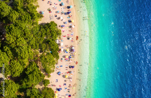 Croatia. Aerial view on the beach. Vacation and adventure. Beach and turquoise water. Top view from drone at beach and azure sea. Travel and relax - image