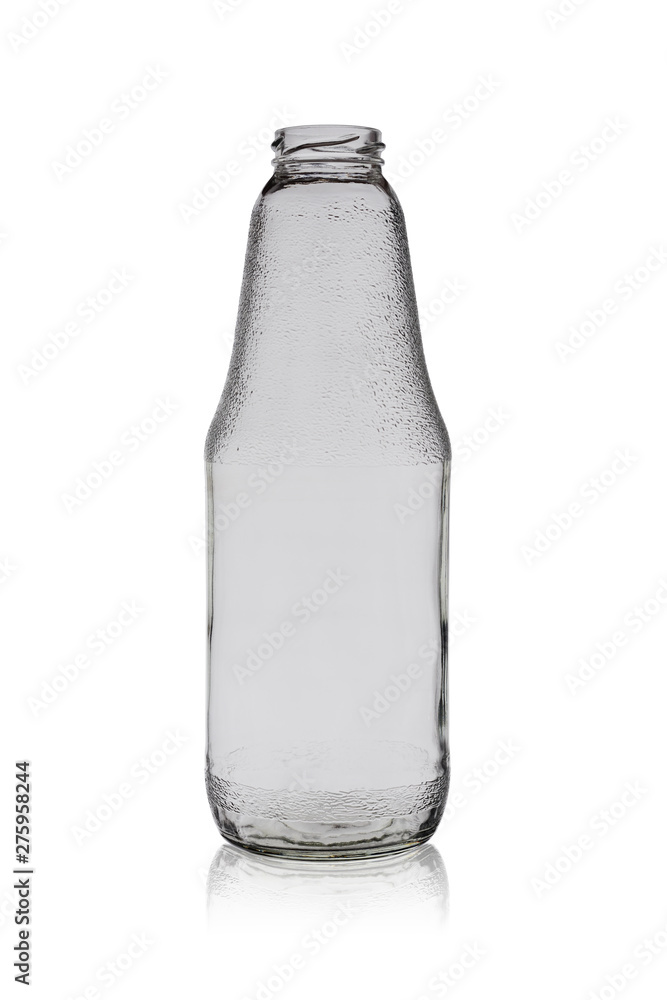 Empty glass bottle for juice or milk. Isolated on a white background with reflection Empty glass bottle for juice or milk. Isolated on a white background with reflection