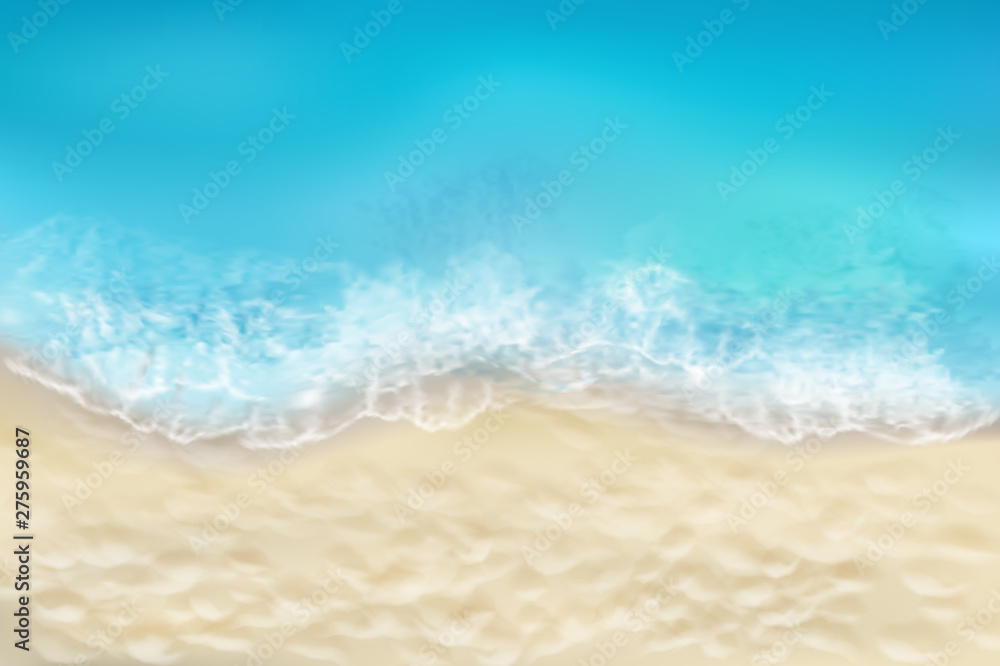 View from the top of the sandy beach. Waves on the seashore. Summer day. Vector illustration.