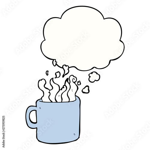 cartoon hot cup of coffee and thought bubble