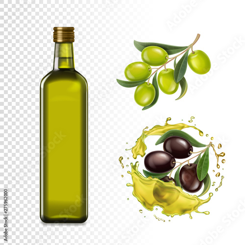 Olive oil bottle, olives branches and oil splash isolated on white. Realistic set