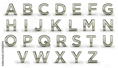 3d melal font, all letters. Silver, iron, plainum, aluminium.  Latin, english alphabet. Render, metal texture, on white background.
