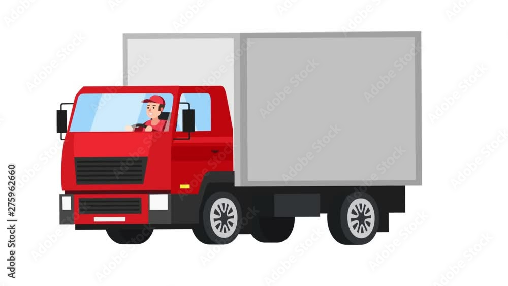Cartoon flat isolated red truck car animation with man character driver Cartoon flat isolated red truck car animation with man character driver