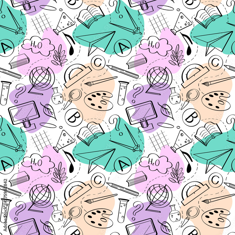 Back to school seamless pattern with green, pink, beige, violet stains on white background. Can be used for wallpaper, pattern fills, textile, web page background, surface textures. Back to school seamless pattern with green, pink, beige, violet stains on white background. Can be used for wallpaper, pattern fills, textile, web page background, surface textures.