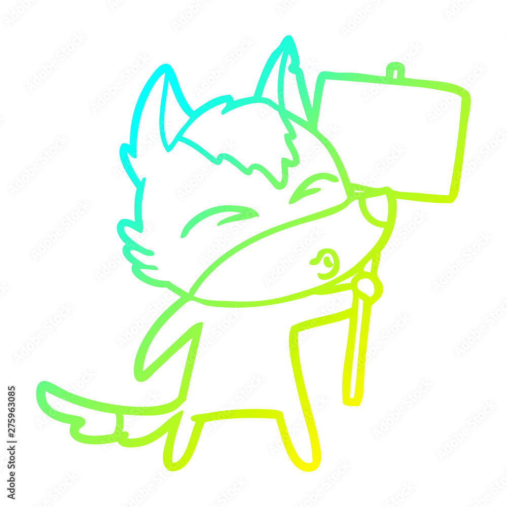 Fototapeta premium cold gradient line drawing cartoon wolf with protest sign