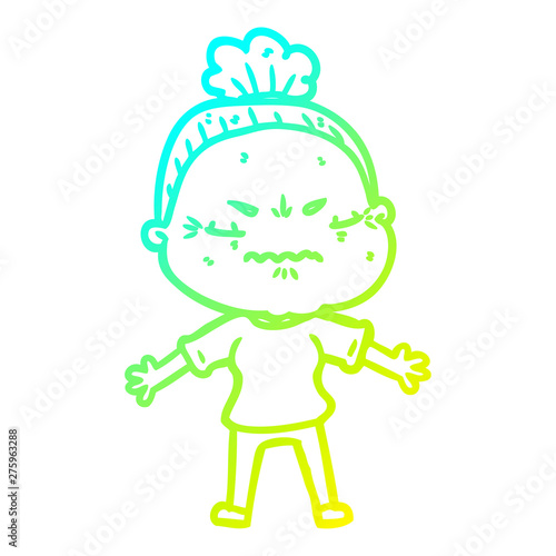 cold gradient line drawing cartoon annoyed old lady