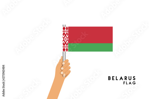 Vector cartoon illustration of human hands hold Belarus flag. Isolated object on white background.