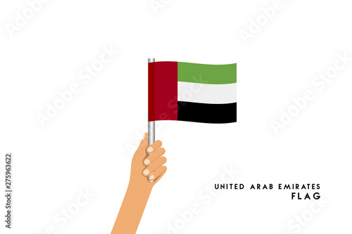 Vector cartoon illustration of human hands hold United Arab Emirates flag. Isolated object on white background.