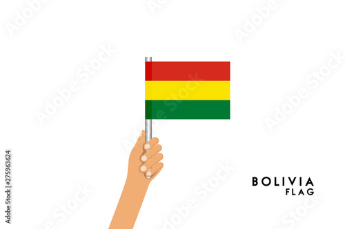 Vector cartoon illustration of human hands hold Bolivia flag. Isolated object on white background.