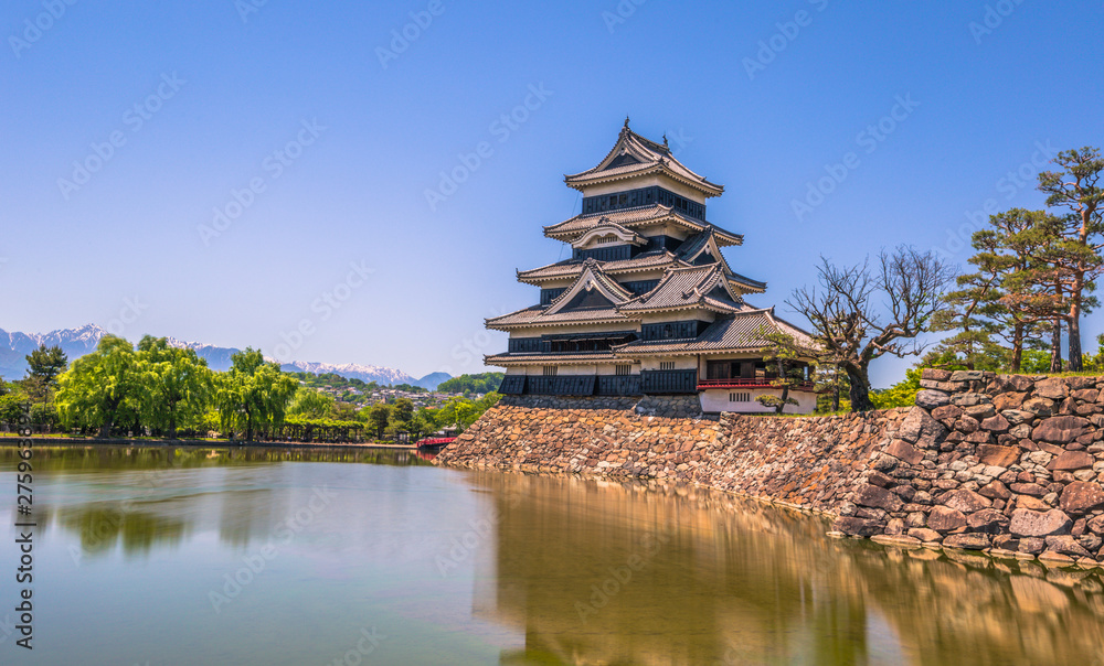 Matsumoto - May 25, 2019: The castle of Matsumoto and the red bridge leading to it, Japan Matsumoto - May 25, 2019: The castle of Matsumoto and the red bridge leading to it, Japan