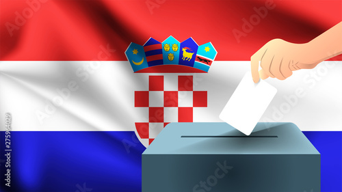Male hand puts down a white sheet of paper with a mark as a symbol of a ballot paper against the background of the Croatia flag, Croatia the symbol of elections