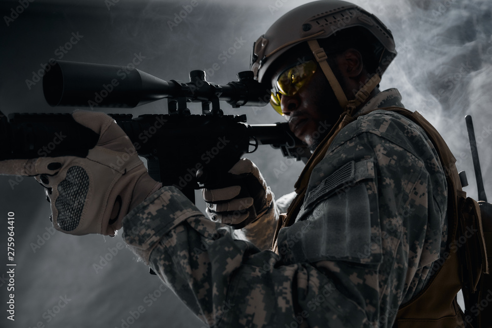 American ranker with armour preparing for night operation. American ranker with armour preparing for night operation.