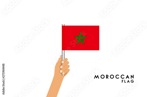 Vector cartoon illustration of human hands hold Morocco flag. Isolated object on white background. © stocktr
